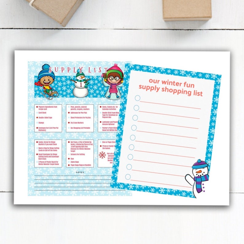 May include: A printable winter fun supply shopping list with a blue and white snowflake background. The list includes a checklist for items like hot cocoa, marshmallows, and snow globes. There are also illustrations of a snowman, a girl wearing a winter hat and scarf, and a boy riding a sled.