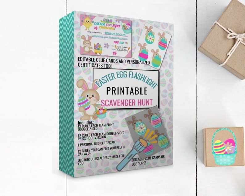 May include: Printable Easter Egg Flashlight Scavenger Hunt game with bunny and egg illustrations. Includes 12 clues each team, double-sided, preschool version, personalized certificate, and editable clue cards.