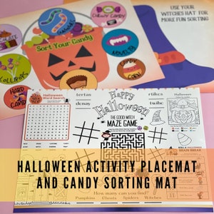 May include: A Halloween-themed activity placemat and candy sorting mat. The placemat features a word search, maze, and coloring page. The sorting mat has a pumpkin, ghosts, spiders, and witches to count. The mat is orange, black, and white.