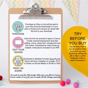 May include: A yellow clipboard with a white background and text that reads "Try Before You Buy". The text is in black and the background is white. The clipboard is on a yellow surface with a white background. The text on the clipboard is "Try the demo link in our description below to see how easy and hassle free editing the file is. Have a print ready file ready in under 10 minutes!"