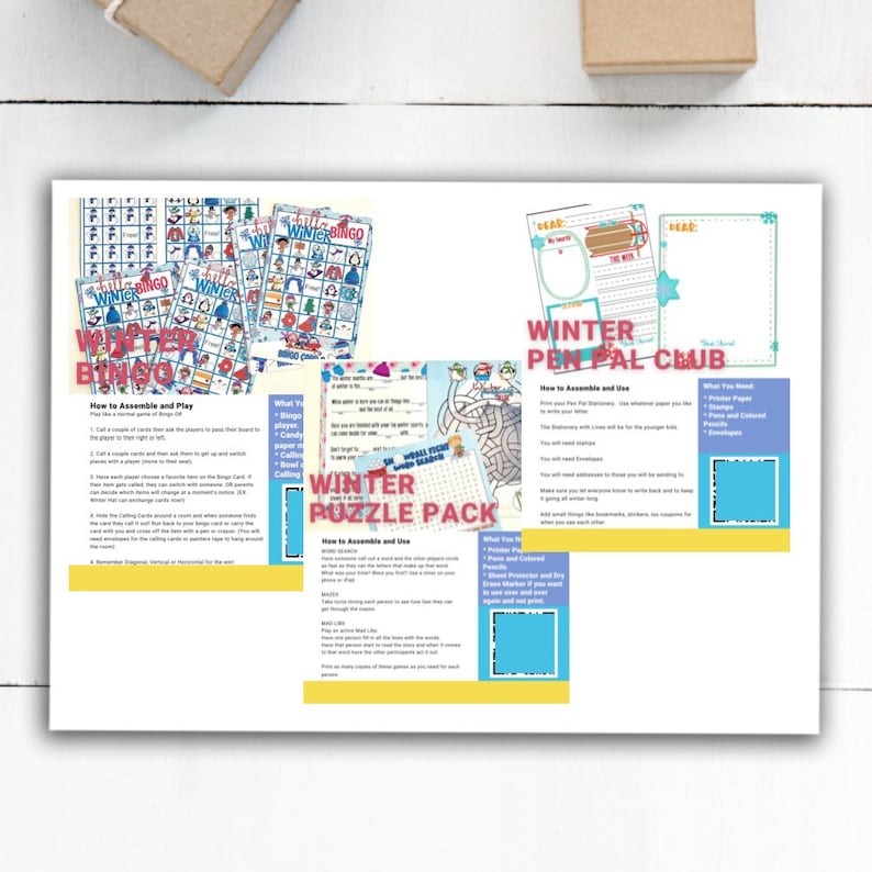 May include: A colorful printable pack for kids featuring winter-themed activities like bingo, a word search, a maze, and a pen pal club. The pack includes instructions for assembling and playing each game.