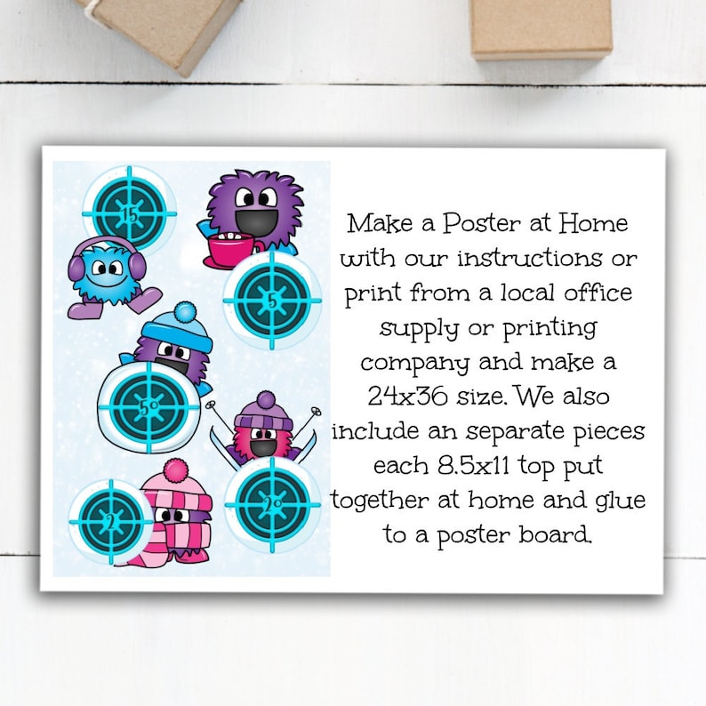 May include: Printable poster with instructions to make a poster at home. The poster features colorful cartoon monsters with target symbols. The poster is 24x36 inches and includes separate pieces that are 8.5x11 inches.