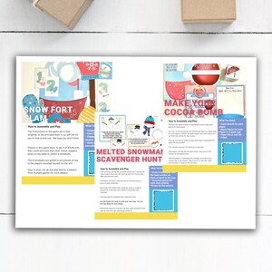 May include: A set of three printable winter-themed games for kids. The games include "Snow Forts Slam", "Make Your Cocoa Bomb", and "Melted Snowman Scavenger Hunt".