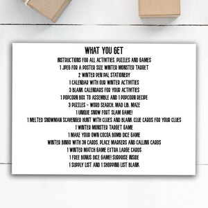 May include: A black and white printable list of items included in a winter-themed activity kit. The list includes a poster, stationery, calendars, games, and more.
