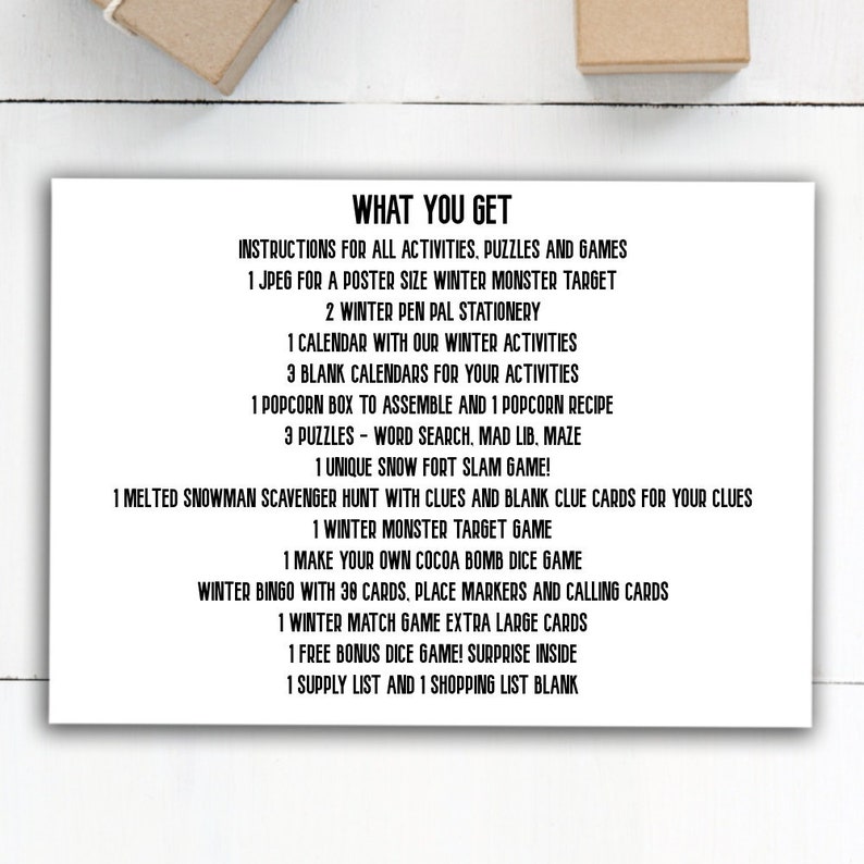 May include: A black and white printable list of items included in a winter-themed activity kit. The list includes a poster, stationery, calendars, games, and more.
