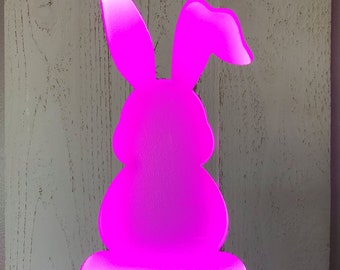 Distressed Pallet Wood Lighted Easter Bunny Cut-out Sign Wall Display Reclaimed Wood Back-Lit with Pink LED Ribbon Light