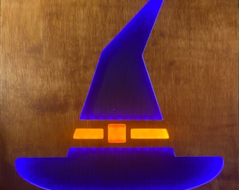 Letrero de pared con sombrero de bruja iluminado y retroiluminado con luces LED para Halloween y otoño