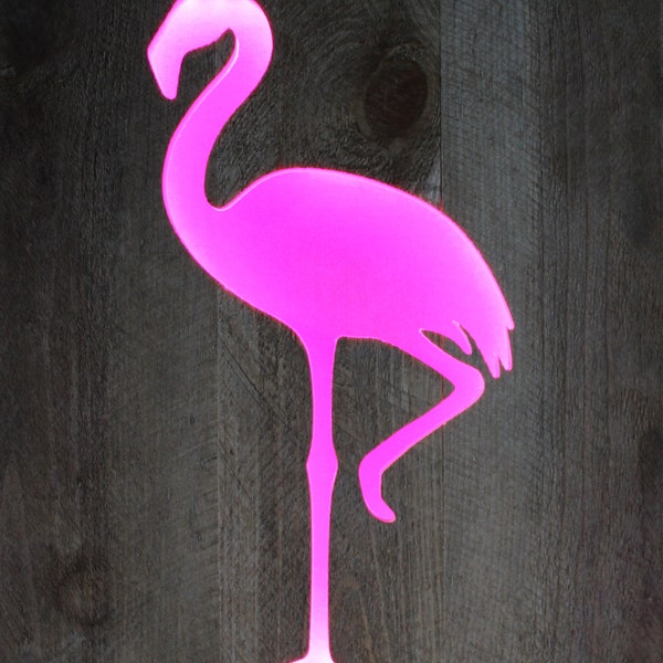 Distressed Pallet Wood Lighted Pink Flamingo Cut-out Sign Wall Display Reclaimed Wood Back-Lit with Pink LED Ribbon Light