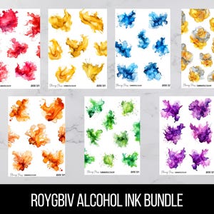 May include: A collection of watercolor art prints featuring abstract alcohol ink designs in various colors. The prints showcase red, yellow, blue, gold, orange, green, and purple ink splatters and blotches. The text "ROYGBIV ALCOHOL INK BUNDLE" is at the bottom.