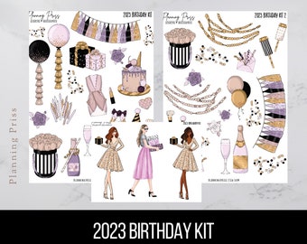 May include: A set of 2023 birthday party stickers featuring illustrations of women in dresses, balloons, confetti, and other party decorations. The stickers are designed for use in planners and journals.