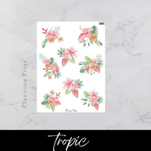 May include: A sheet of stickers featuring watercolor illustrations of tropical flowers. The stickers include pink hibiscus, orange birds of paradise, and green leaves. The word "Tropic" is written at the top and bottom of the sheet.