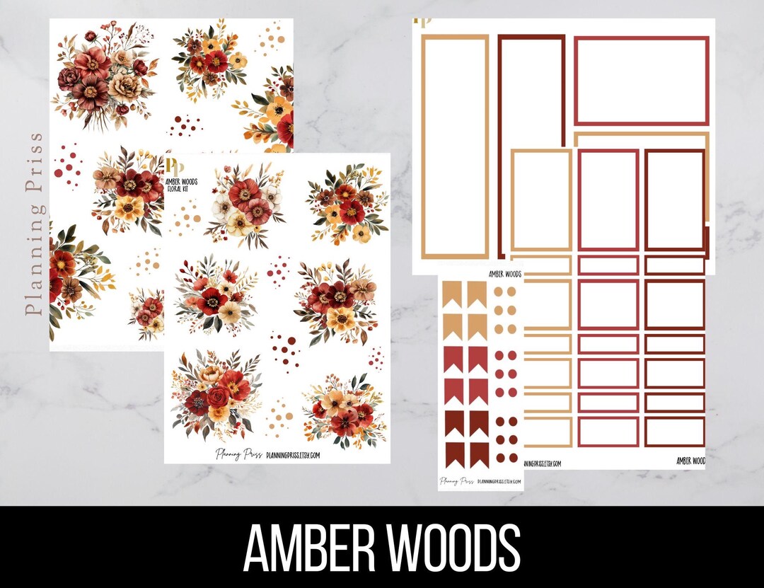 Amber Woods Floral Deco Sticker Kit/kiss Cut Stickers - Etsy