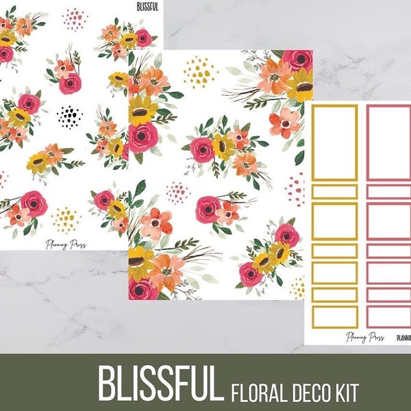Blissful Florals Deco Sticker Kit/ Mustard Pink Floral Deco/Kiss cut stickers