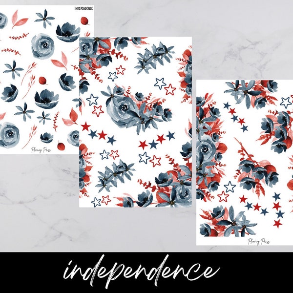 Independence Florals Deco Sticker Kit/ Red and Blue Floral Deco/Kiss cut stickers