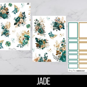 May include: A sheet of teal, gold, and white floral stickers with a coordinating sheet of teal, gold, and black planner boxes. The sticker sheet features a variety of floral bouquets and scattered dots. The planner box sheet features three columns of boxes with different colored borders.