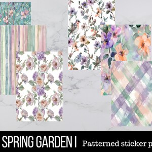 May include: A set of four patterned sticker papers featuring watercolor designs. The patterns include a floral design with purple and pink flowers, a striped pattern with pink, blue, and green stripes, a floral design with orange and purple flowers, and a plaid pattern with purple, green, and pink squares. The text "SPRING GARDEN | Patterned sticker paper" is at the bottom of the image.