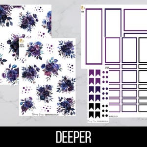 May include: A set of printable planner stickers featuring a dark floral design with purple and black accents. The stickers include boxes, flags, and dots. The text "DEEPER" is printed at the bottom of the image.