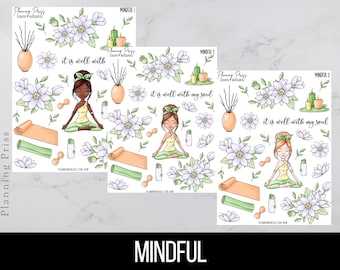 May include: A set of three sticker sheets with a mindful theme. Each sheet features a woman in a yoga pose, a water bottle, a yoga mat, and a diffuser. The sheets also include the text "it is well with my soul" and "it is well with".