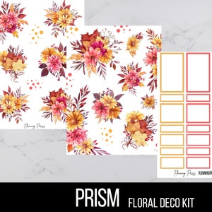 May include: A digital planner sticker kit with a floral design featuring fall colors like red, orange, and yellow. The kit includes a sheet of floral stickers and a sheet of boxes for planning.