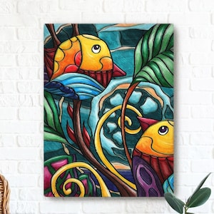 Arte de pared de pájaros coloridos, pintura de pájaros de dibujos animados impresa en lienzo, arte de pared ingenuo para una habitación infantil