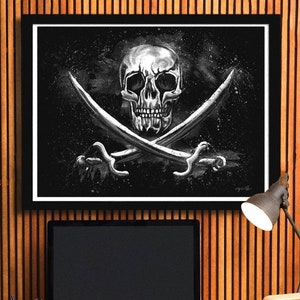 Pirate skull black and white art print, jolly roger painting wall art, skull and crossed swords for punk rock home decor or young men gift