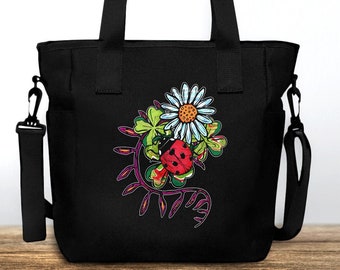 Sac fourre-tout nylon noir imprimé coccinelle rouge, tote-bag épaule avec fermeture éclair, sac motif insecte du jardin pour jeune femme