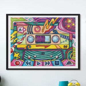 Illustrazione di musicassetta anni '80, dipinto di mixtape stampato su carta opaca, stampa artistica di musica retrò per la colorata arte murale della cultura pop