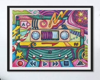 80s Cassette Tape Art Print: Retro Mixtape Painting - Etsy