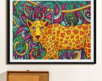 Leopard Jungle Art Print: Colorful Cheetah Painting, Eclectic Wall Decor