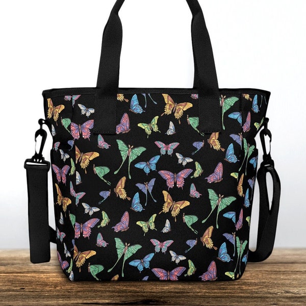 Sac fourre-tout nylon noir imprimé papillons colorés, tote-bag épaule avec fermeture éclair, sac motif papillon foncé pour jeune femme