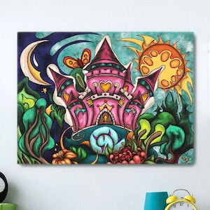 Royal castle art print, Pink princess castle in a fairytale garden canvas painting for kids, colorful landscape wall art for girl room decor