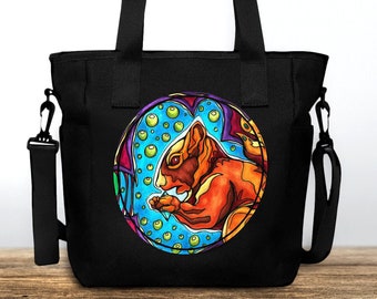 Sac fourre-tout imprimé écureuil, tote-bag en nylon multipoches avec fermeture éclair, sac épaule motif animal coloré fantaisie