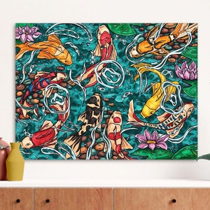 Nine koi fish wall art, large japanese fish pond painting printed on stretched canvas, Colorful fish art for modern feng shui decor