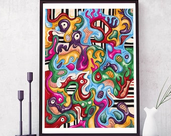 Colorful abstract scenery art print, fun modern wall art, Joyful painting print 12x16 18x24 or 24x32"
