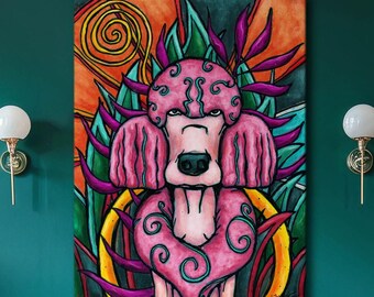 Arte com poodle rosa choque, pintura de cachorro pop art moderna impressa em tela, impressão giclée vertical maximalista tropical para decoração de parede exclusiva.