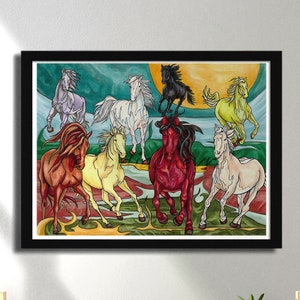 8 horses art print, eight wild running horses painting printed on matte paper, colorful nature wall art for bright feng shui decor