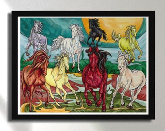 走る馬の絵画：風水壁アート、幸運の室内装飾（135 x 85 cm） - Etsy 日本