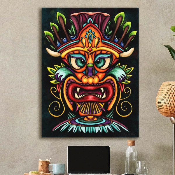 Tableau tiki masque de totem maori, impression sur toile peinture folklore polynésien, décoration murale tahitienne pour bar tiki