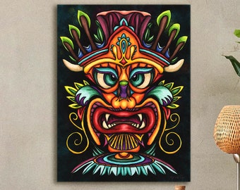 Maori tiki totem art, polynesian ethnic folk art canvas print, mask painting for tiki bar tahitian wall art or vibrant tiki room decor