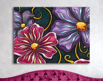 Peinture de grandes fleurs sur toile, tableau impression d'art floral aux couleurs vives, pour décoration murale boho colorée ou éclectique