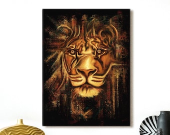 Tableau portrait de lion réaliste, peinture animal sauvage imprimée sur toile tendue, décoration murale Afrique ou safari