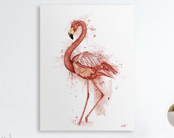 Realistic pink flamingo painting, flamingo watercolor art printed on canvas, exotic bird wall art for pastel bay house decor
