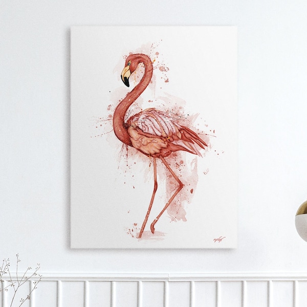 Tableau flamant rose sur fond blanc, peinture aquarelle contemporaine oiseau tropical imprimée sur toile, décoration murale pour salon clair