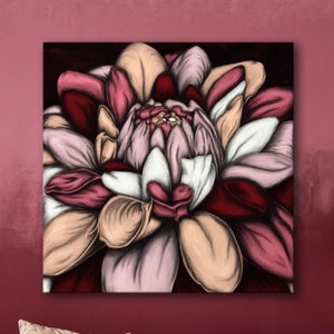 Dahlia flower art print on stretched canvas, burgundy floral wall art, boho chic painting for above bed decor for woman