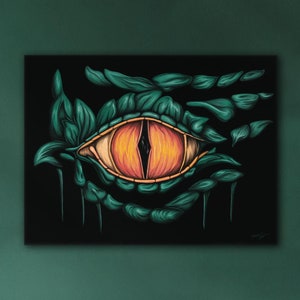 Dragon painting printed on stretched canvas wall art, eye painting fantasy art print for gaming room wall decoration, or reptile lover gifts