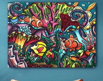 Tropical fish Caribbean painting, underwater ocean sea life stretched canvas art print, colorful coral reef wall art for nautical wall decor