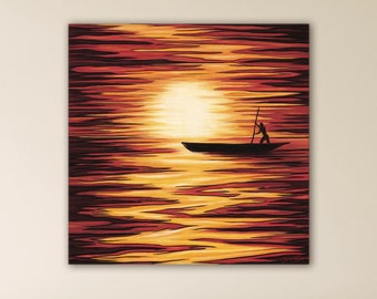 Tableau pirogue africaine et coucher de soleil, Peinture colorée paysage de rivière imprimée sur toile tendue, décoration murale Afrique