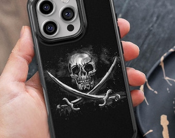 Pirate skull phone case -optional MagSafe compatible, tough phone case for iPhone 11 to 16, Galaxy S21 to S25 and Pixel series, gift for men