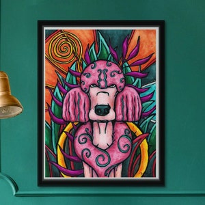 Pink poodle art print, standard poodle dog pop art printed on matte paper, colorful maximalist wall art for poodle mom gift