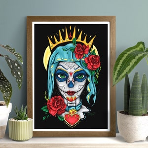 Impression portrait Santa Muerte , affiche jeune fille au maquillage de crâne en sucre, décoration mexicaine colorée pour Dia de los muertos image 1